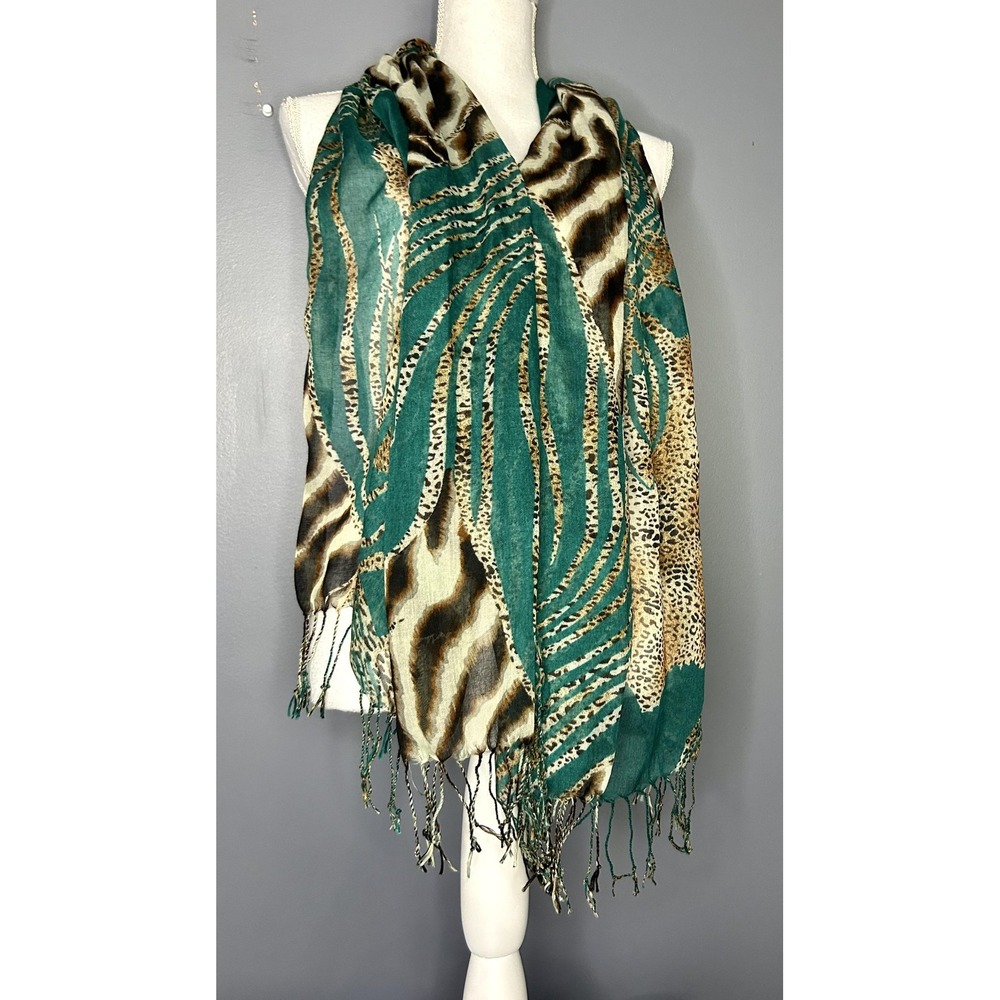 Green Jungle Animal Print Scarf One Size Fringe Wrap Boho Lightweight Summer